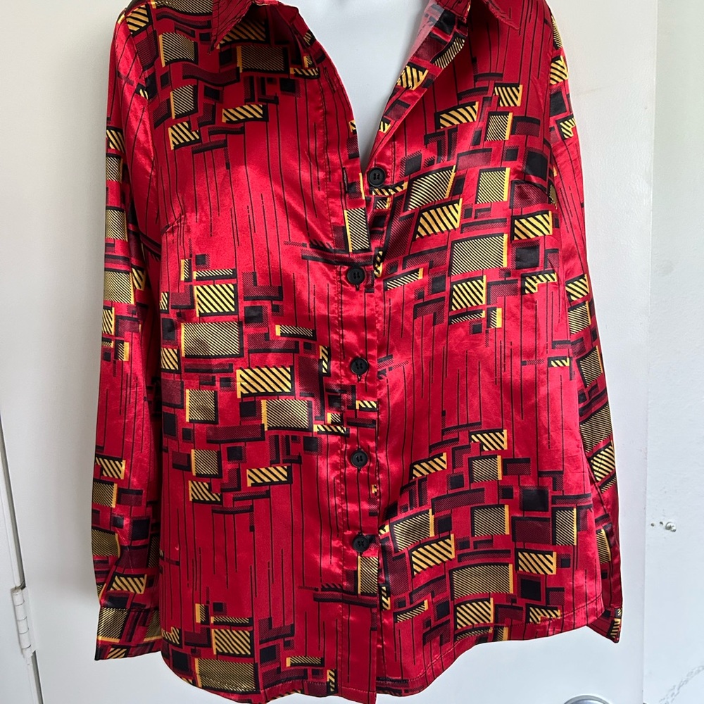 Tribalbyn Red Geometric 2 pieces suit-flared legs—Medium Gorgeous